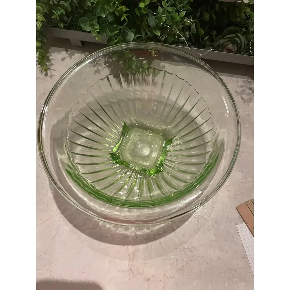 Vintage Hazel Atlas Ribbed Green Uranium Small bowl c1930 MCM 9x4 Glows.